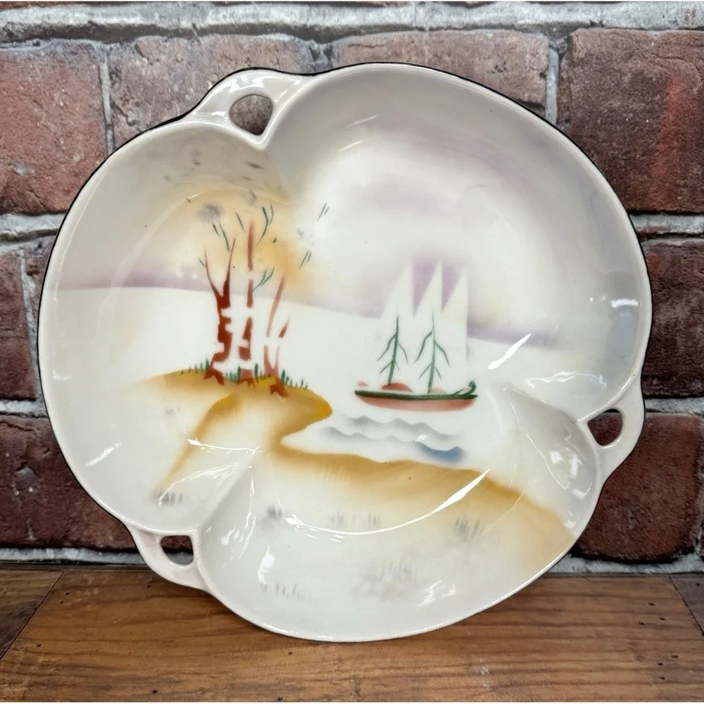 Prov Saxe E S Germany Antique Serving Dish Bowl Clover Shaped Landscape Sailboat